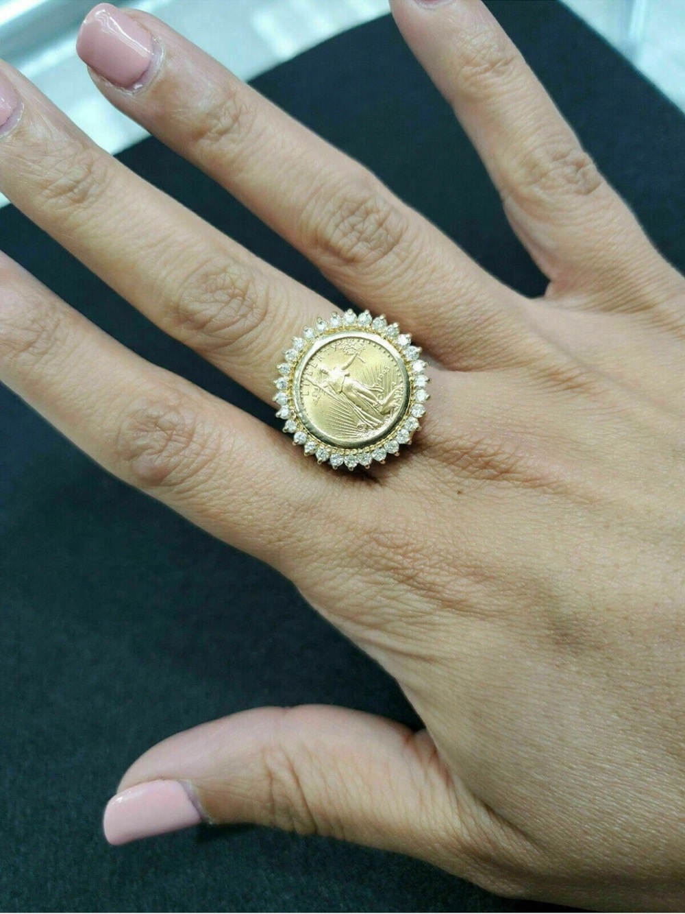 2.50Ct Round Cut Simulated Diamond Lady Liberty Coin Ring 14k Yellow Gld Finish